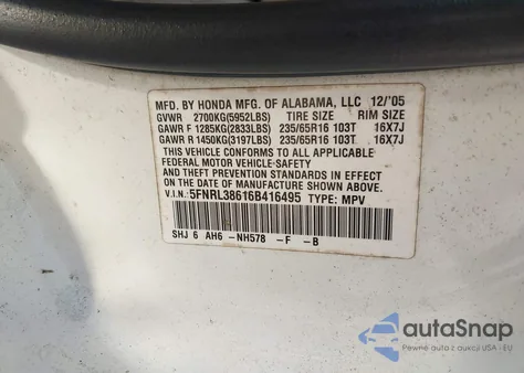 2006 Honda Odyssey Ex-L z USA, uszkodzony, nr VIN 5FNRL38616B416495